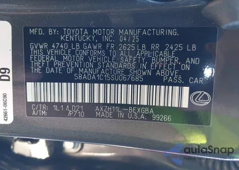 2025 Lexus Es 300H F Sport Design from USA, damaged, VIN 58ADA1C15SU067685